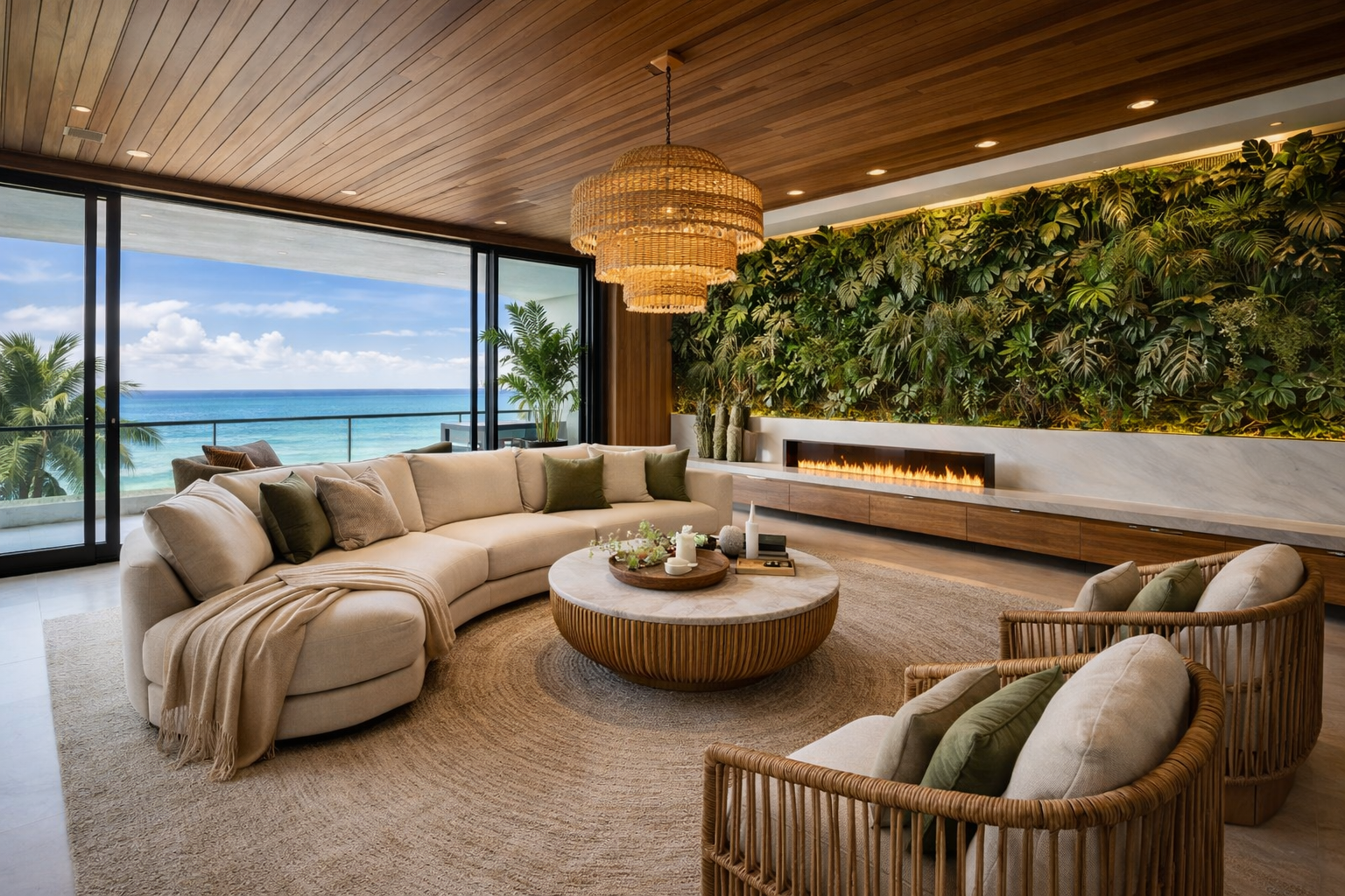 Modern living room with ocean view, beige sectional sofa with pillows, rattan armchairs with cushions, round coffee table, wall of lush green plants, sliding glass doors leading to balcony, wood ceiling, and fireplace.