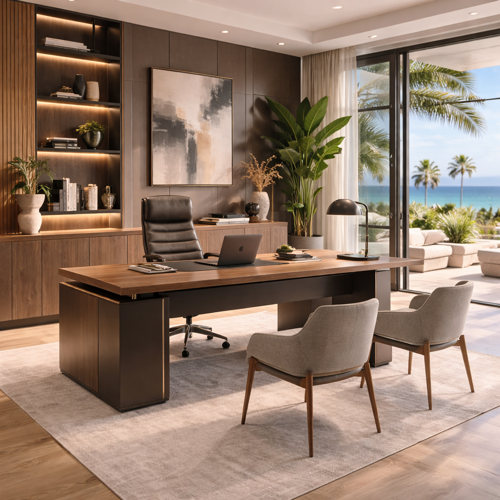 Modern home office with a wooden desk, black leather chair, two gray chairs, large indoor plants, built-in bookshelves, and a sliding glass door that opens to a patio overlooking the beach and ocean with palm trees.