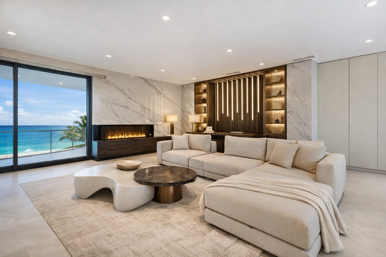 Modern living room with cream sectional sofa, marble flooring, fireplace, large glass sliding door with ocean view, and decorative shelves with lighting.