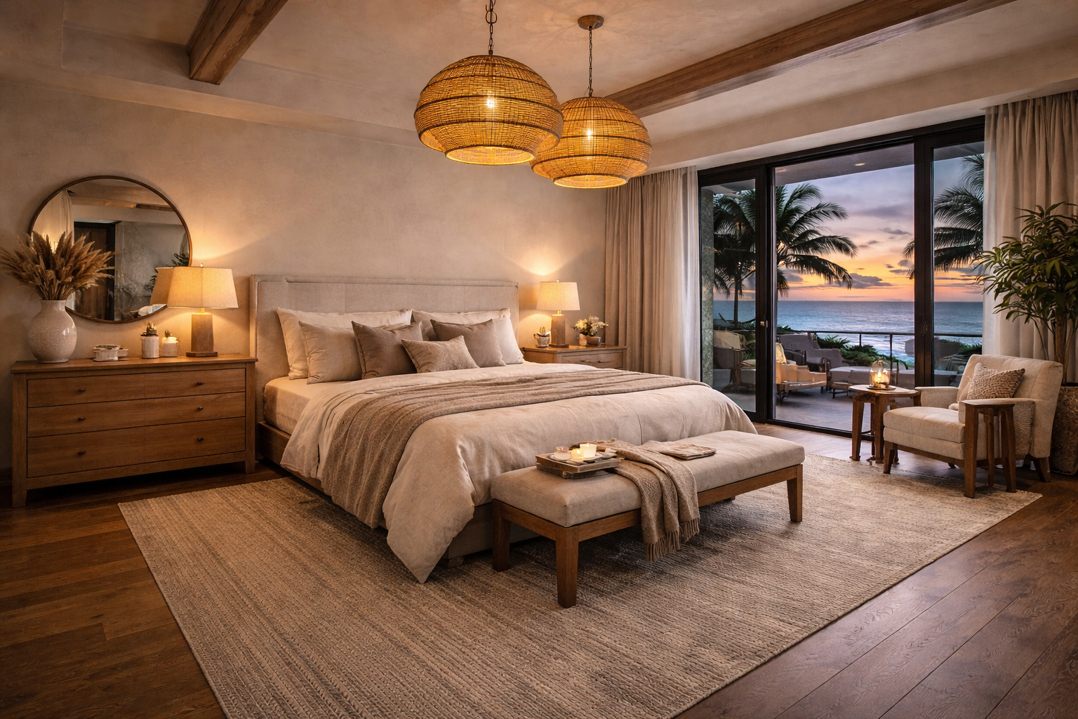 A cozy bedroom with a large bed, nightstands with lamps, a bench at the foot of the bed, and sliding glass doors leading to a balcony showing an ocean view at sunset, with palm trees and outdoor chairs.