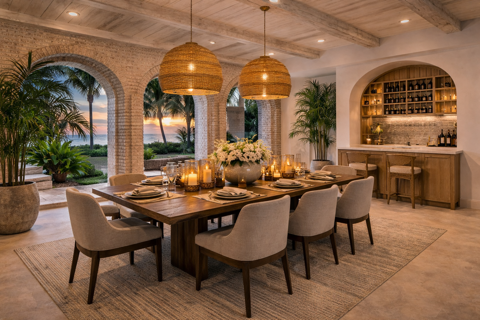 Elegant dining room with a large wooden table set with candles, flowers, and tableware, surrounded by cushioned chairs, overlooking a sunset view of palm trees and the ocean through arched windows.