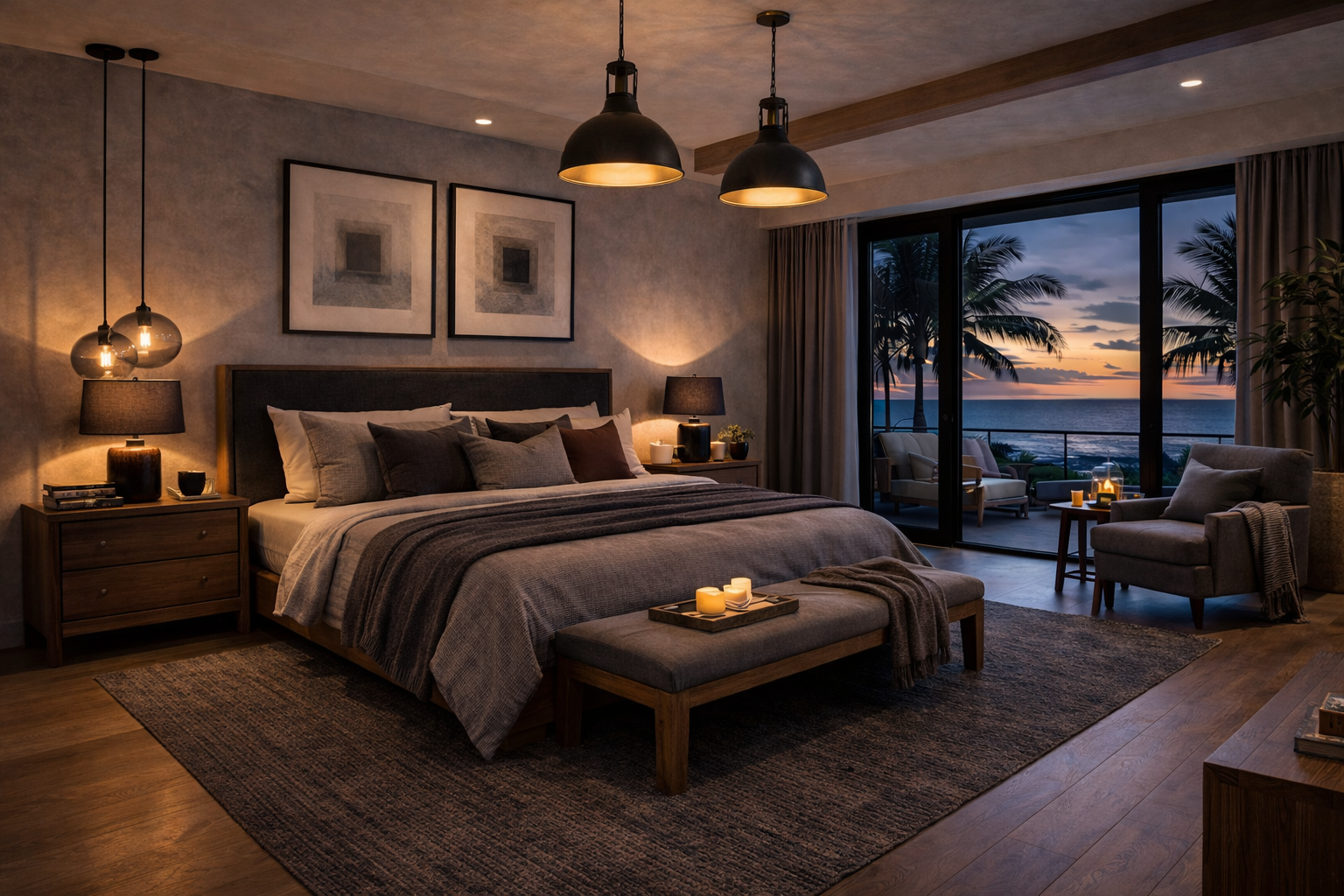A cozy bedroom with a large bed, bedside tables with lamps, and a sitting area by a large window with a view of ocean and palm trees at sunset.