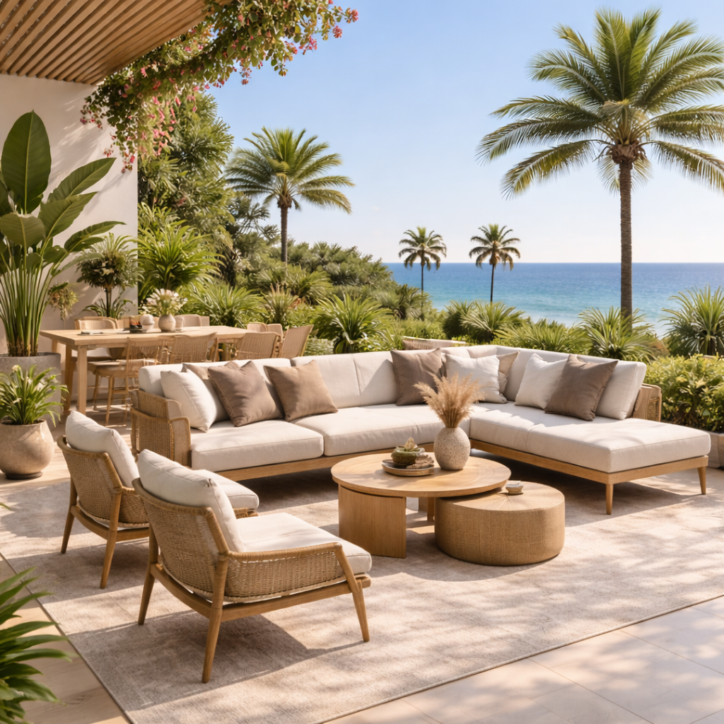 Outdoor lounge area on a patio with a sectional sofa, armchairs, and a round coffee table adorned with plants, overlooking a tropical landscape with palm trees and the ocean.