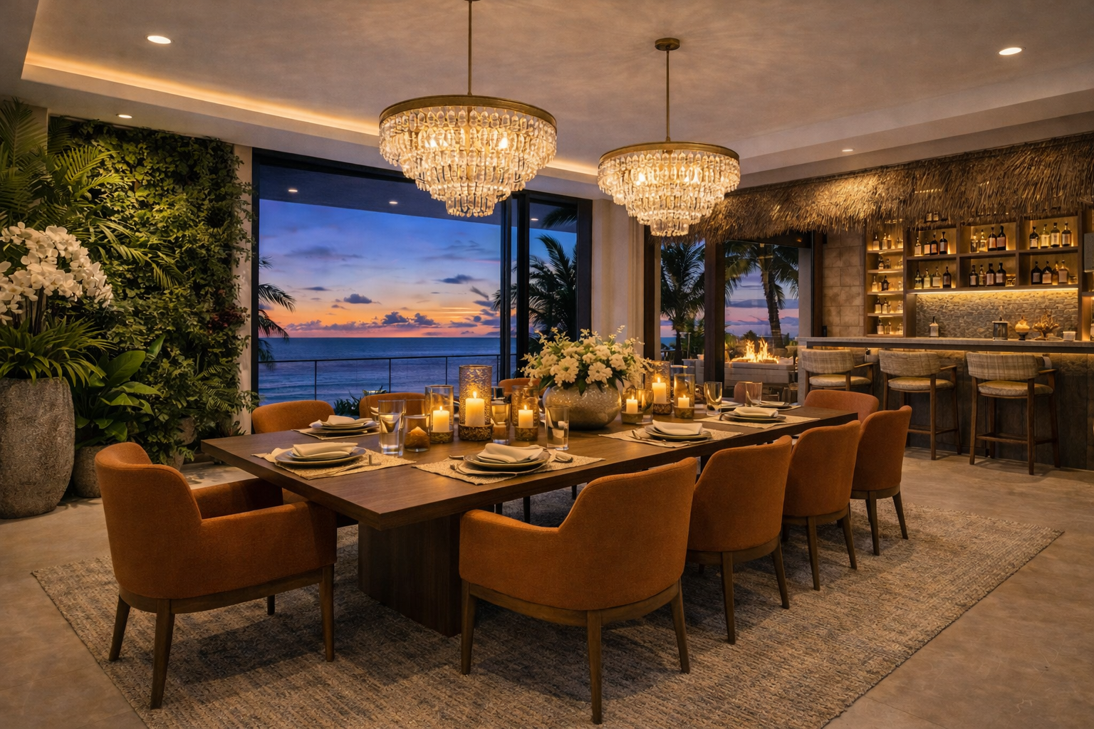 Elegant dining room with a large wooden table, surrounded by upholstered chairs, lit by chandeliers, with a sunset view of the ocean through large windows, decorated with flowers and candles, and a bar area in the background.