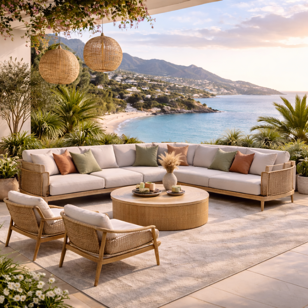 An outdoor patio with a large L-shaped white sofa adorned with colorful pillows, two matching armchairs, and a round wooden table holding candles and a vase with pampas grass. There are tropical plants, two woven hanging lamps, and a view of a beach,