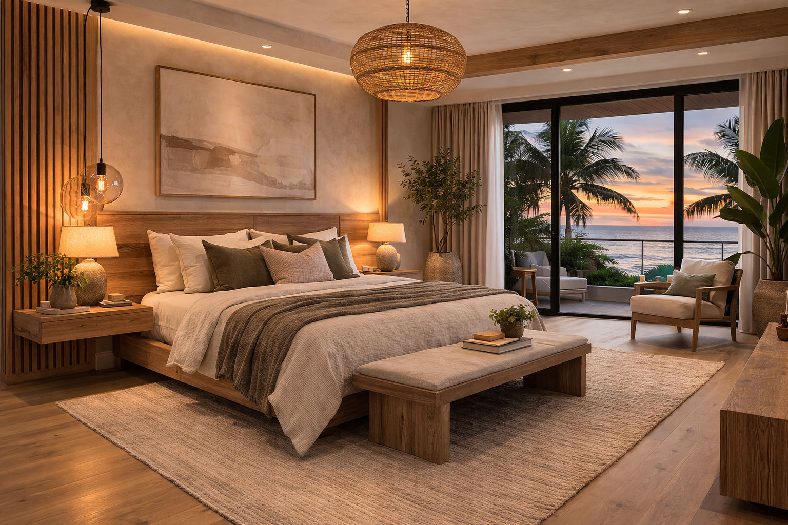 Cozy bedroom with a large bed, wooden accents, artwork, lamps, indoor plants, and sliding glass doors opening to a balcony overlooking a sunset over the ocean and palm trees.