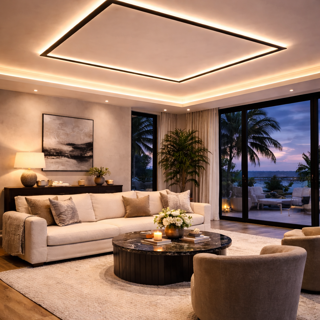 A modern living room with a beige sofa, armchairs, a marble coffee table with flowers and candles, large glass sliding doors showing a balcony and palm trees at sunset, ceiling with recessed lighting, and a wall with artwork and a sideboard with deco