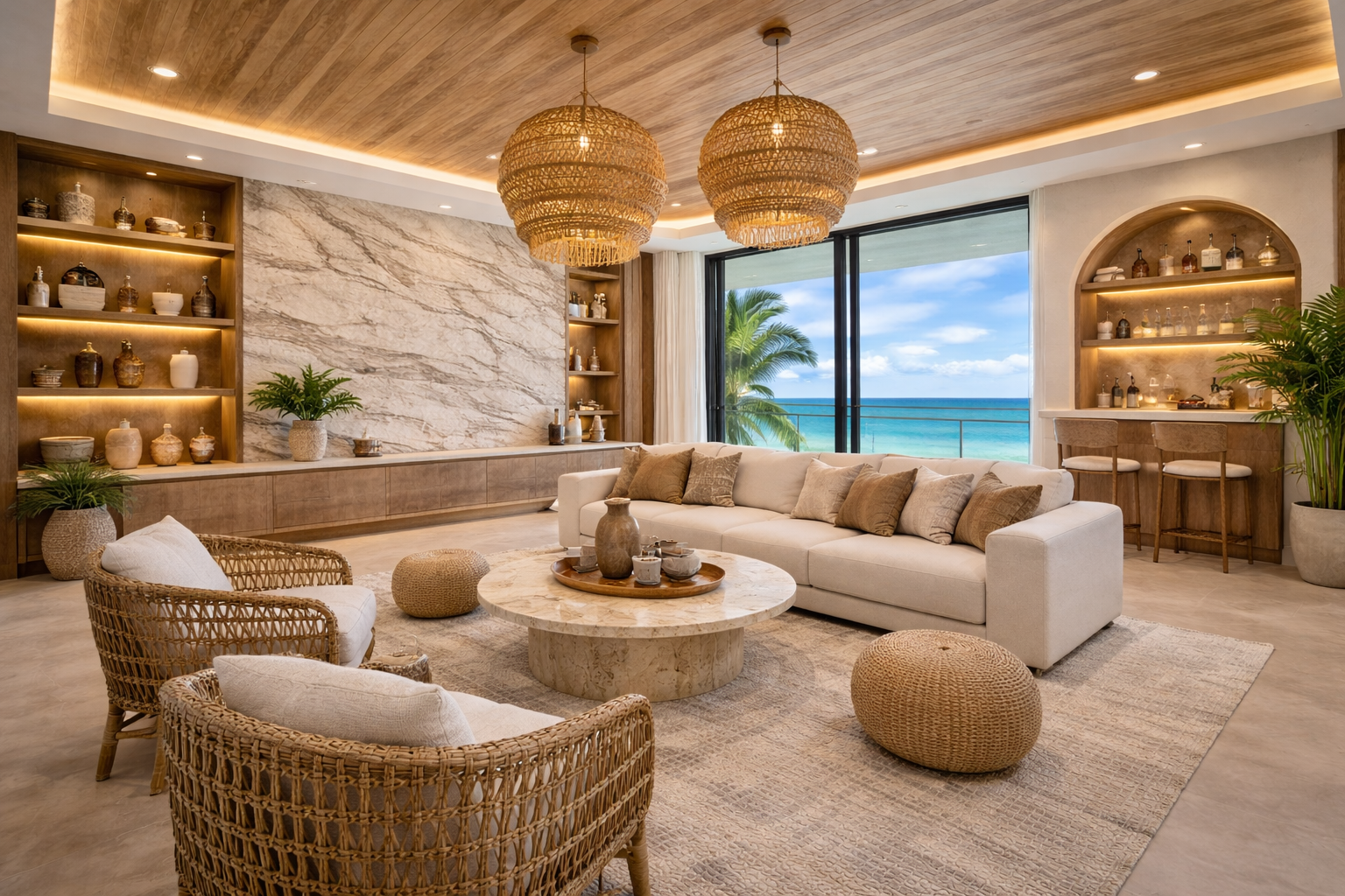 Living room with beige sofa, wicker chairs, and a round marble coffee table, overlooking a beach and ocean through large glass doors, decorated with baskets, plants, and wood accents.