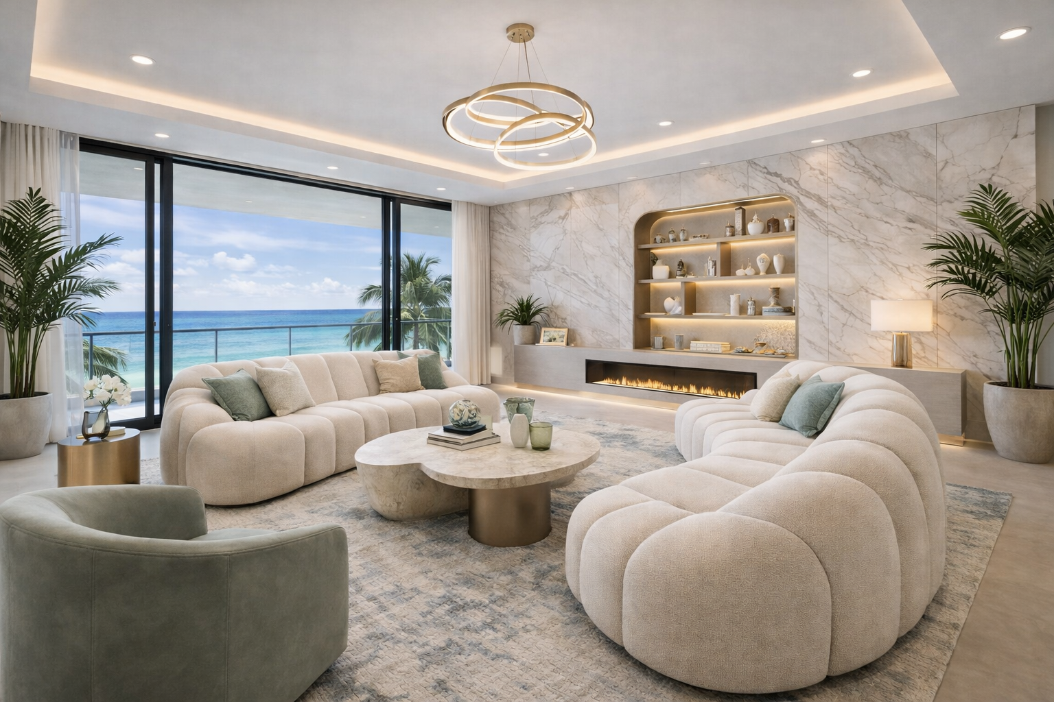 Modern living room with ocean view, plush beige sofas, green accent pillows, a round marble coffee table, potted plants, built-in shelving with decorative items, and a linear fireplace, with glass sliding doors showing a balcony and palm trees outsid