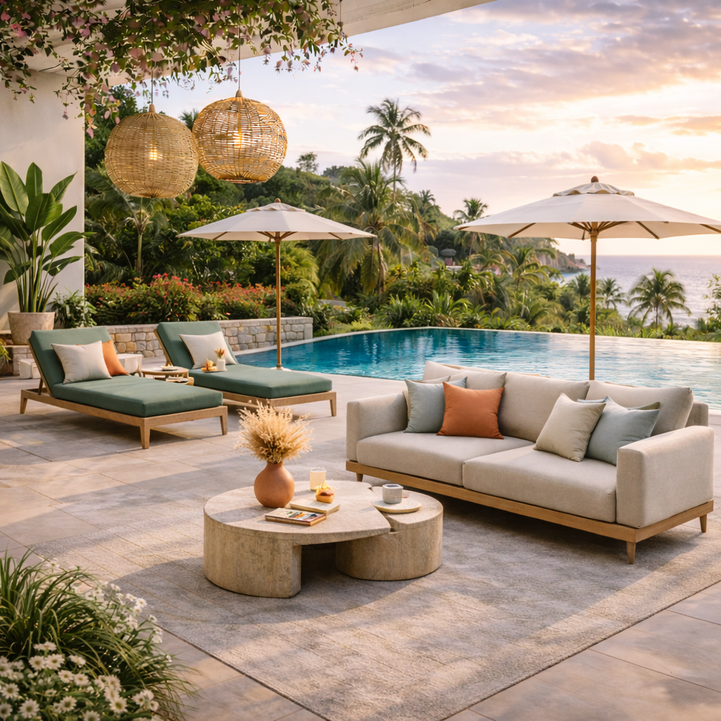 Luxury outdoor poolside seating area with green lounge chairs, white sofa with multiple pillows, umbrellas, and decorative lighting, overlooking a tropical landscape and the ocean during sunset.