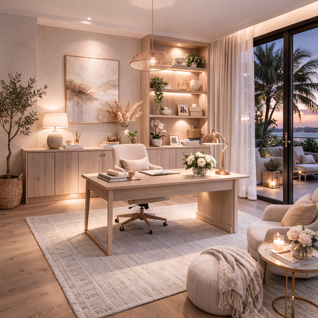 A cozy, well-lit home office with a large window showing palm trees and a sunset view. The room features a wooden desk with a bouquet of white flowers and a brass desk lamp. There is a cushioned office chair, a round beige ottoman with a throw blanke