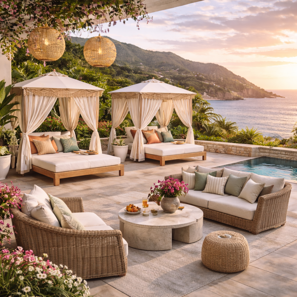 Luxury outdoor lounge area with cabanas, wicker sofas with cushions, a marble table with flowers and snacks, against a backdrop of mountains, ocean, and sunset.