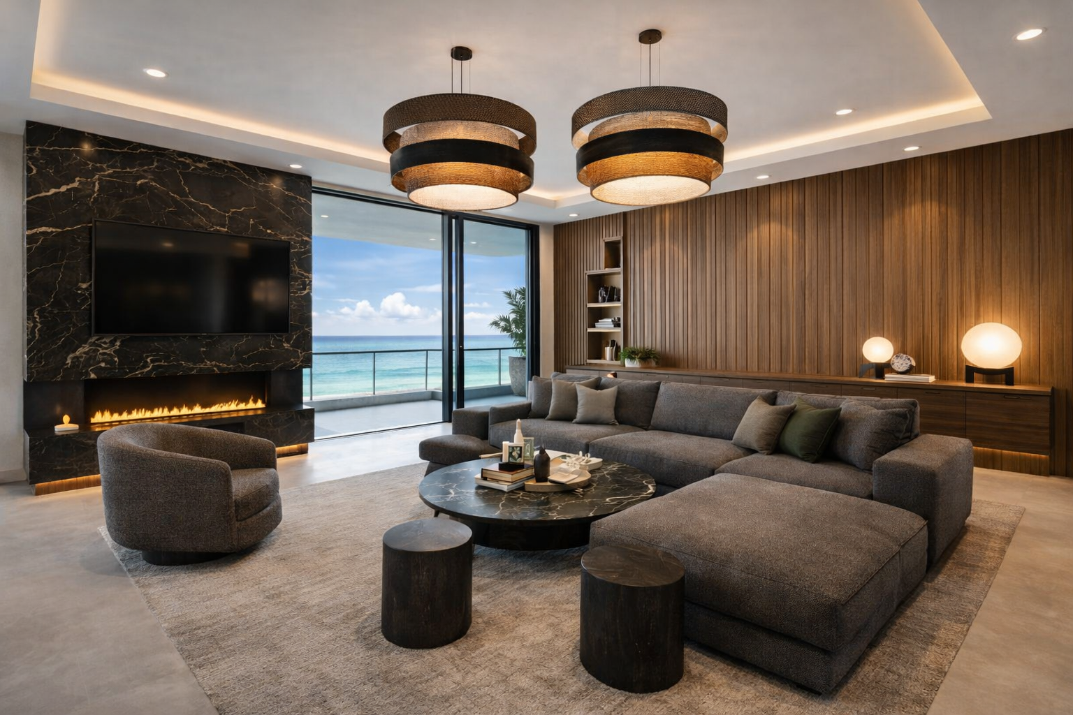 Modern living room with ocean view, large gray sectional sofa, black marble coffee table, accent armchair, built-in fireplace, wooden wall paneling, bookshelves, decorative lamps, and sliding glass doors leading to a balcony.