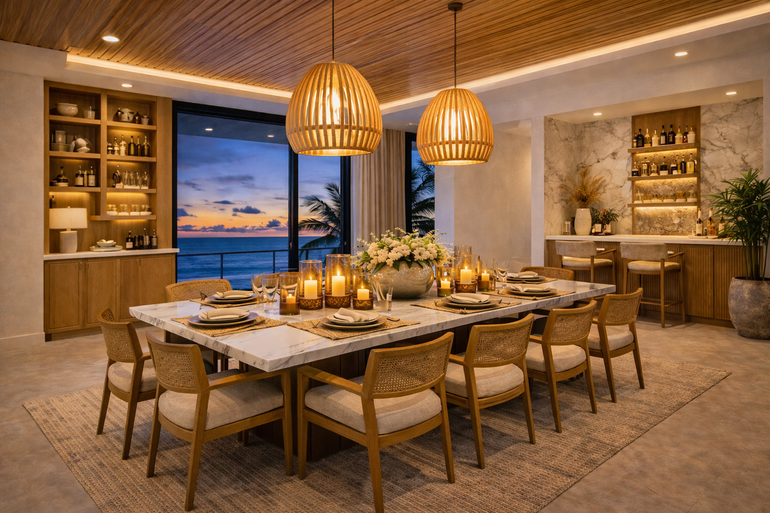 Elegant dining area with a large marble table set for a meal, surrounded by wooden chairs with upholstered seats. The table is decorated with candles and a floral centerpiece. Large windows reveal a sunset view over the ocean with palm trees, and the