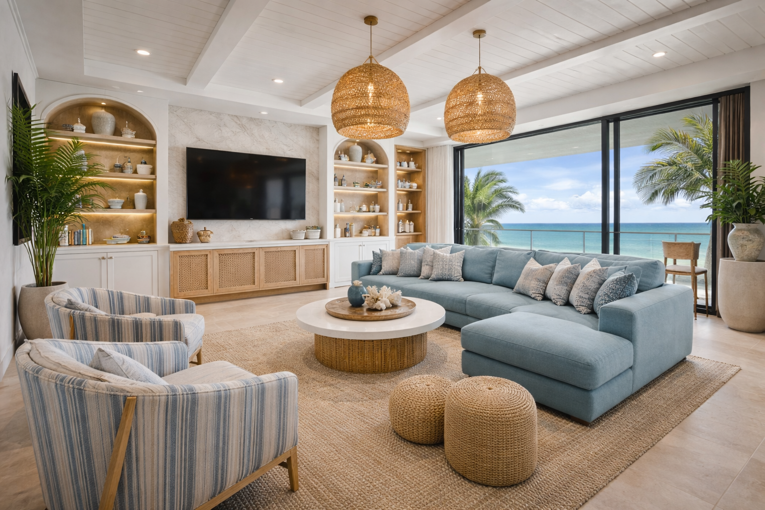 Living room with ocean view, light blue sectional sofa, striped armchairs, wicker ottomans, round coffee table with coral decor, wall-mounted TV, built-in shelves with decor, palm trees outside, and sliding glass doors to balcony.