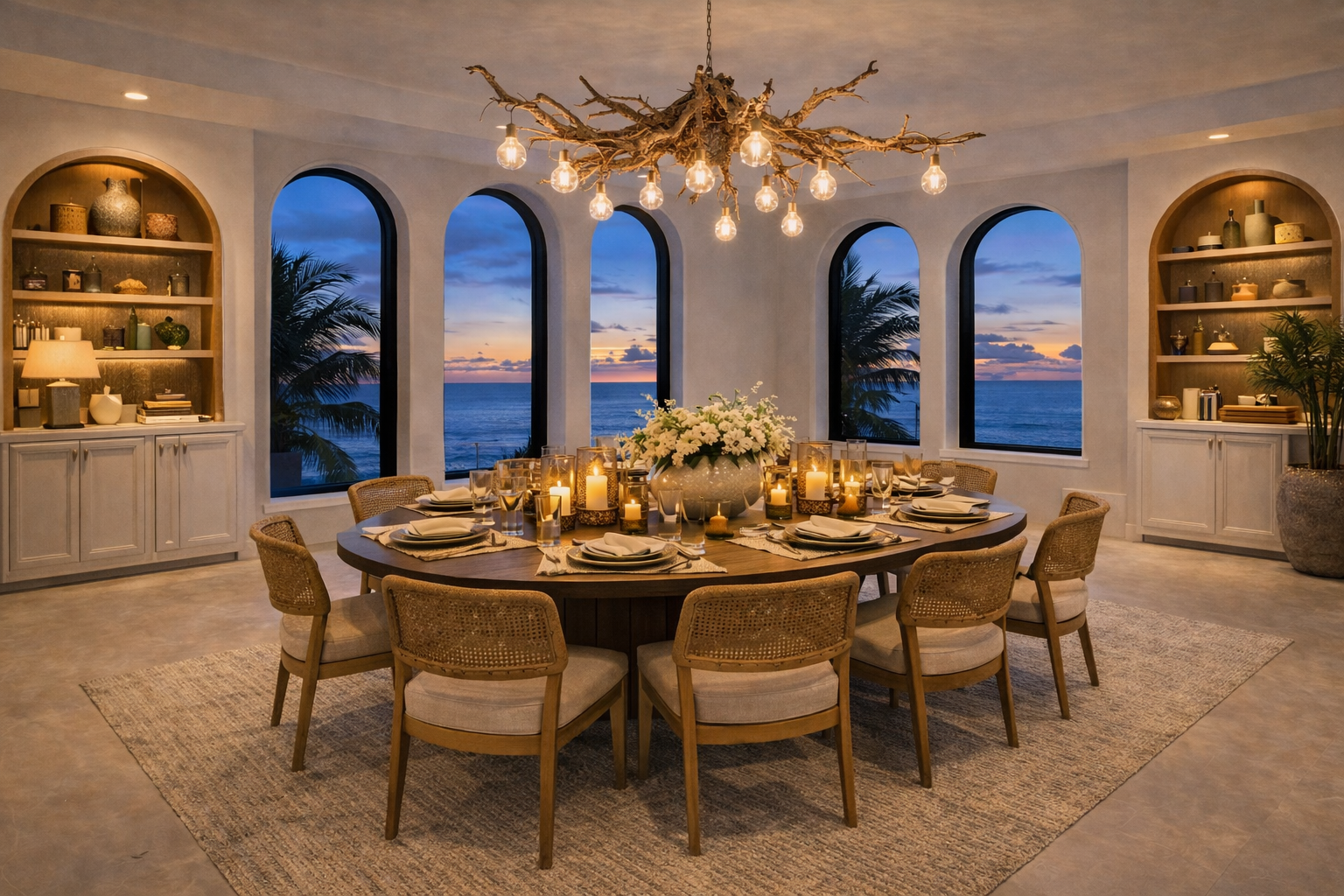 Elegant dining room with a round wooden table set with white plates, napkins, glasses, and candles. Large floral centerpiece on the table. Modern chandelier made of driftwood with exposed light bulbs hanging above. Large windows showing a sunset over