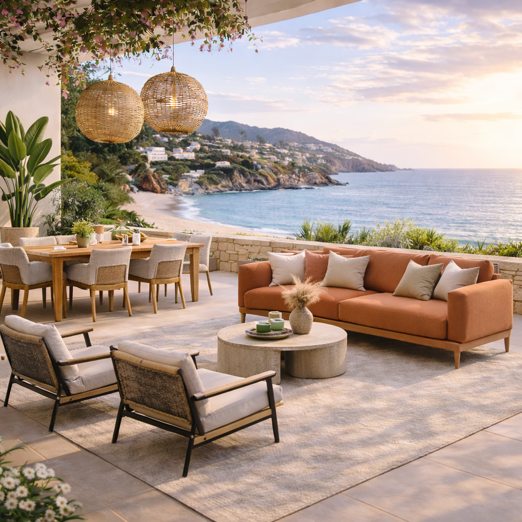 Outdoor living space with a sofa, armchairs, a coffee table, a dining table with chairs, hanging wicker lamps, plants, and a view of the beach and ocean during sunset.