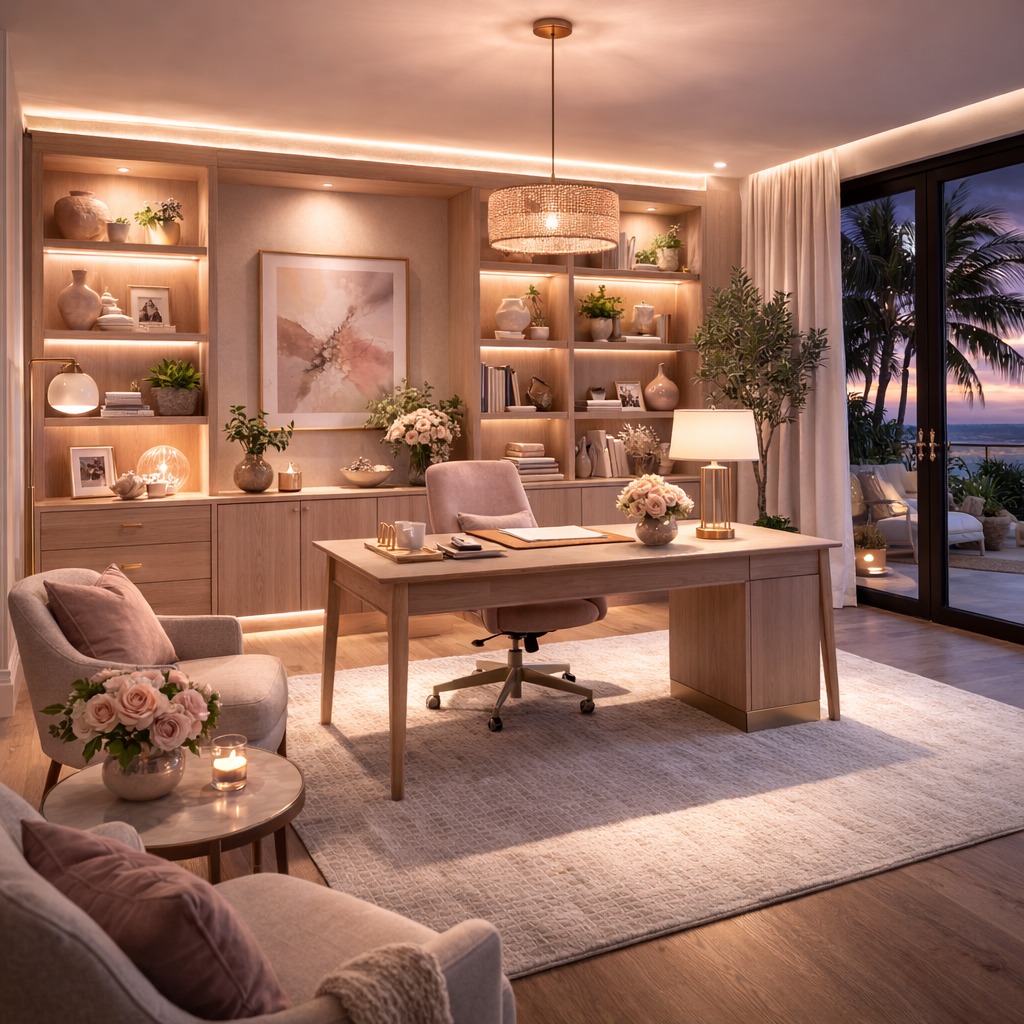 Elegant home office with light wood furniture, built-in shelves with decor, books, and plants, a large window showing a sunset over palm trees, a desk with a lamp and flowers, cozy seating area with cushions, and warm lighting.