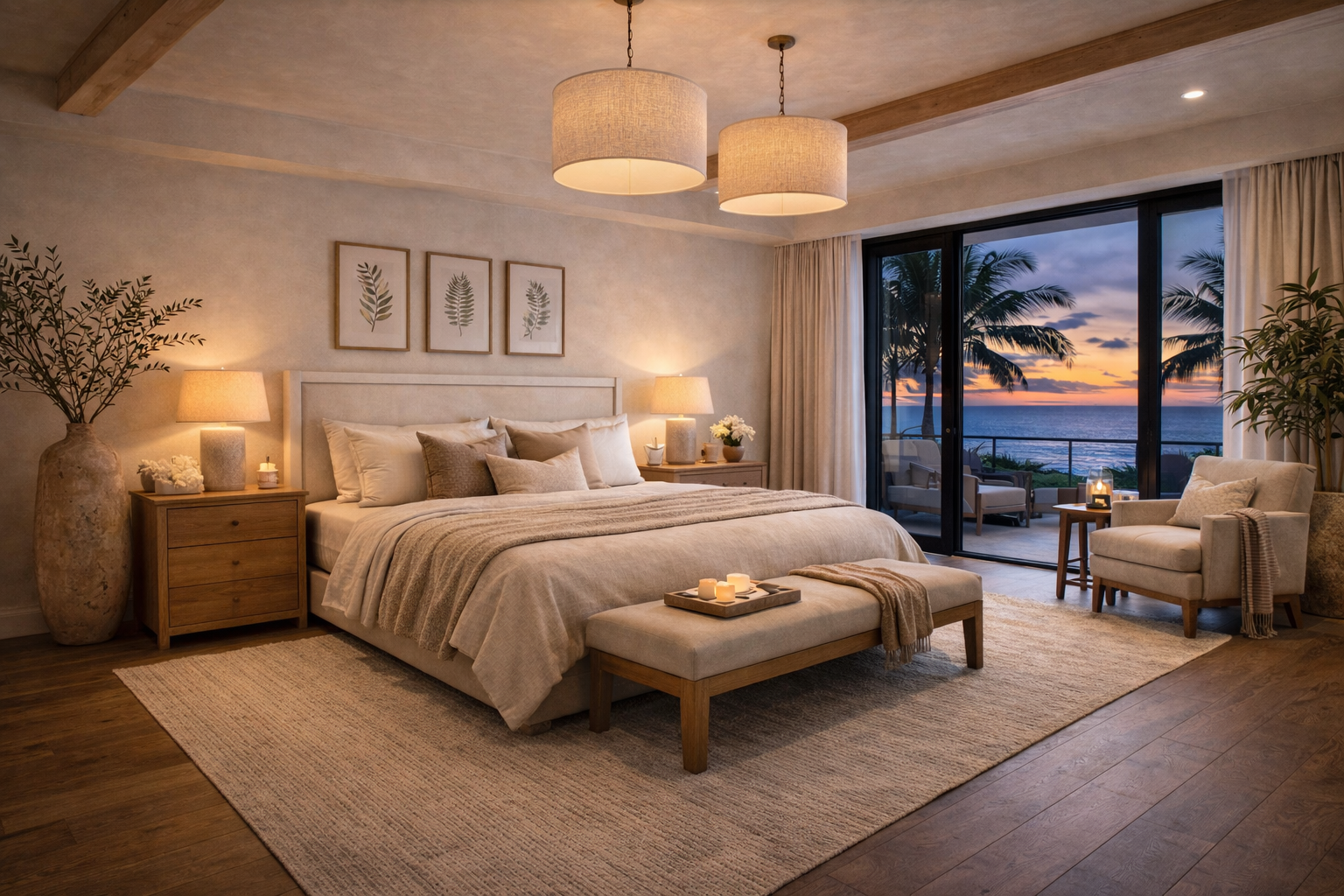 A cozy bedroom with a large bed, nightstands, lamps, and decor. There is a view of a sunset over the ocean through sliding glass doors, which open to a balcony with seating. The room has a neutral color palette, wooden furniture, and decorative plant
