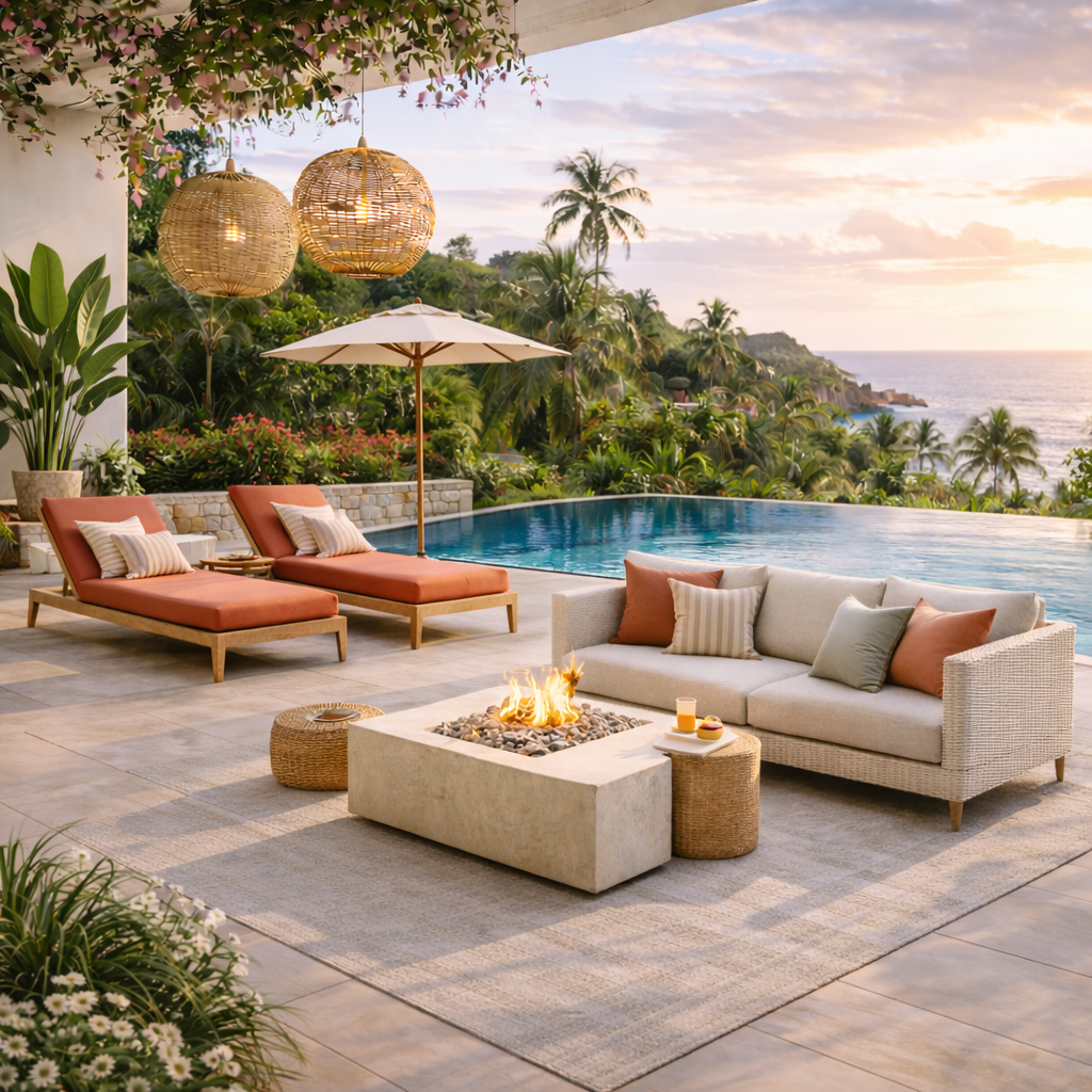 Outdoor patio with a view of a tropical landscape and ocean. Features include a swimming pool, two pink lounge chairs with striped cushions, a white umbrella, a beige sofa with multiple cushions, a firepit table with a small fire, hanging wicker lant