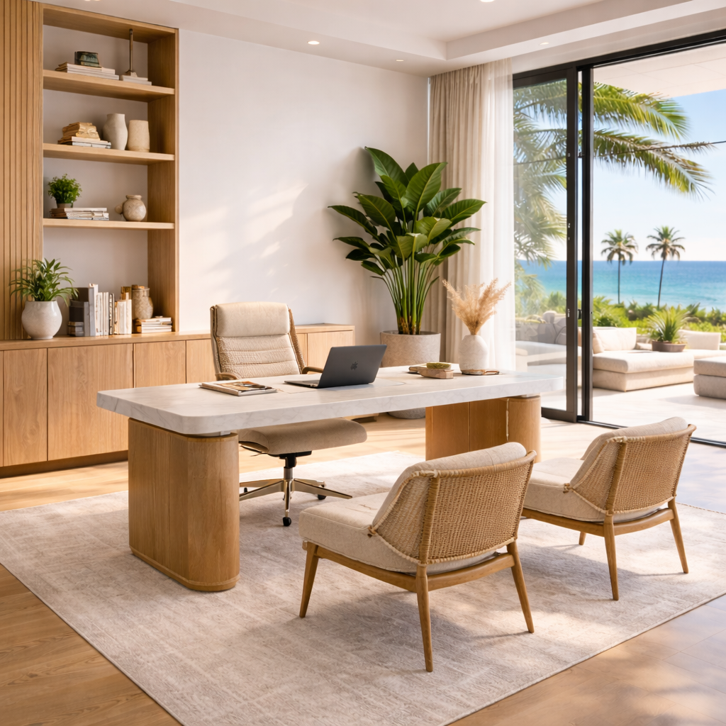 Modern office with a view of the beach through sliding glass doors, featuring a white marble desk, beige chairs, a large green potted plant, and built-in wooden shelves with books and decor.