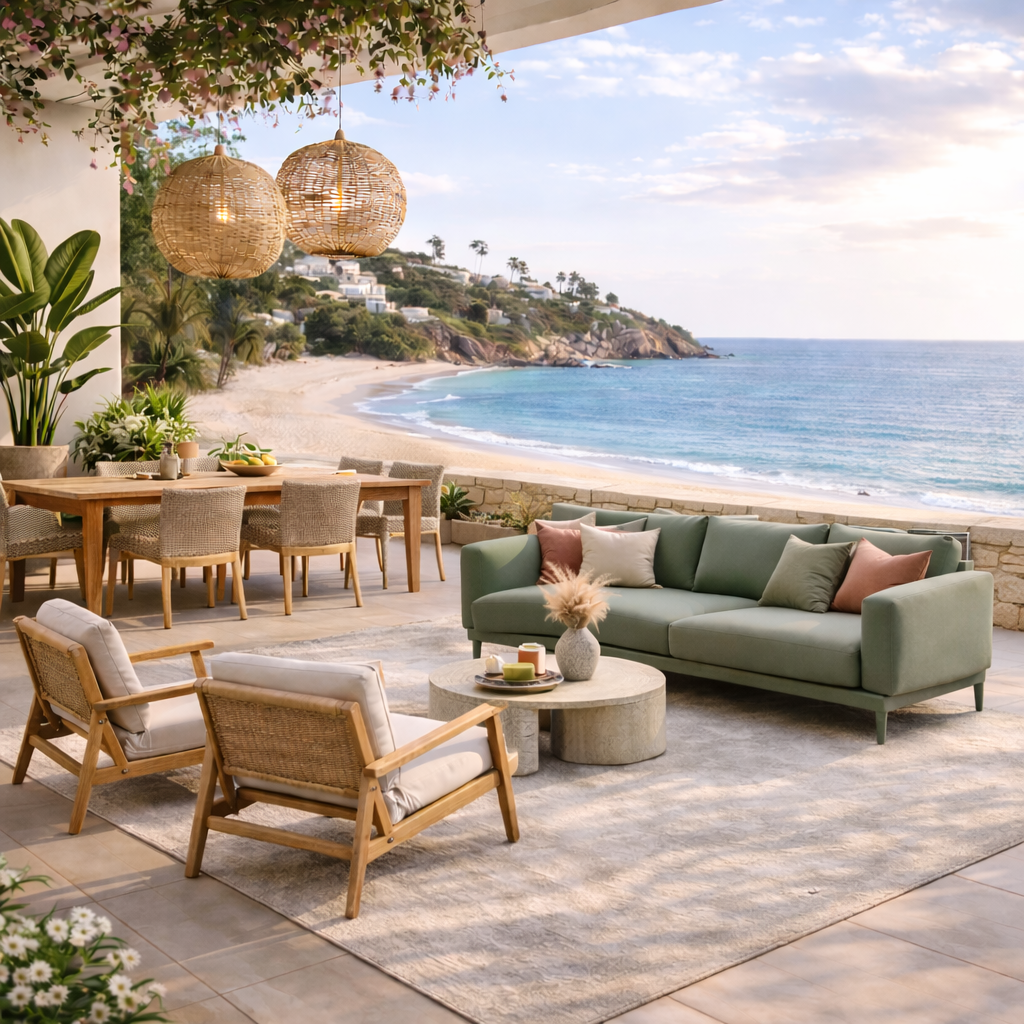 Indoor living space with a green sofa, light wooden chairs, a round marble coffee table with decorative items, and a dining table with chairs, overlooking a sandy beach with clear blue ocean and hillside houses in the distance.