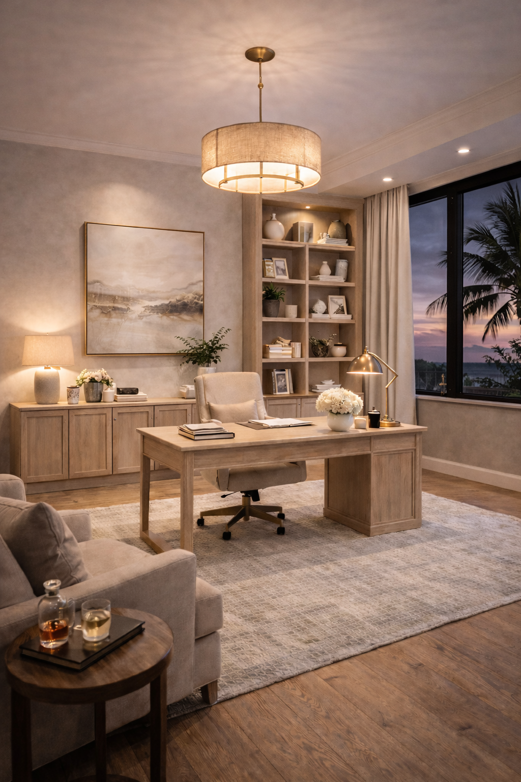 A cozy, well-lit home office with a wooden desk, beige office chair, bookshelves, and large window showing a sunset scene with palm trees.