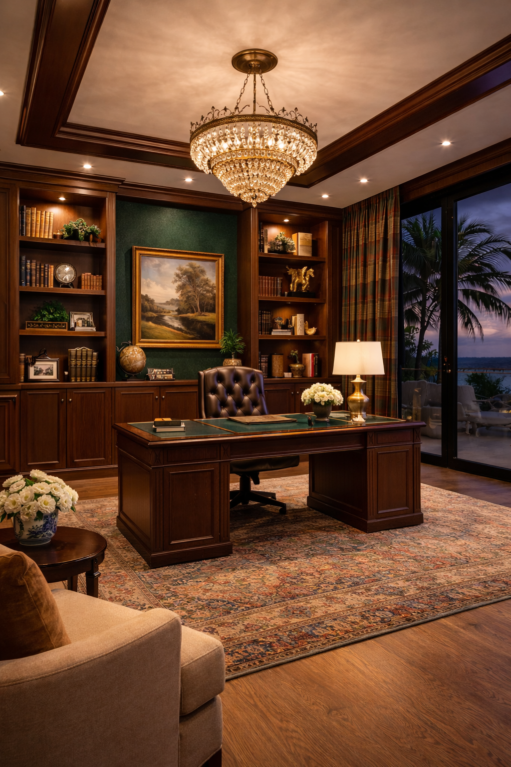 Elegant home office with wooden desk, leather chair, built-in wooden bookshelves, chandelier, framed landscape painting, table lamp, flowers, and glass door leading to an outdoor patio with palm trees.