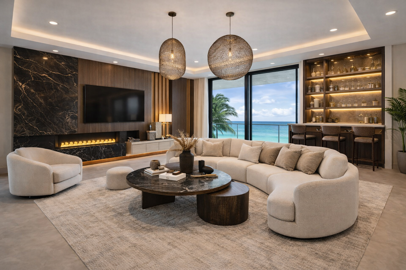 Modern living room with large white sectional sofa, beige armchair, round dark marble coffee table, and a flat-screen TV with black marble accent wall. Glass doors open to a balcony with ocean view, and decorative shelving with glass jars and bottles