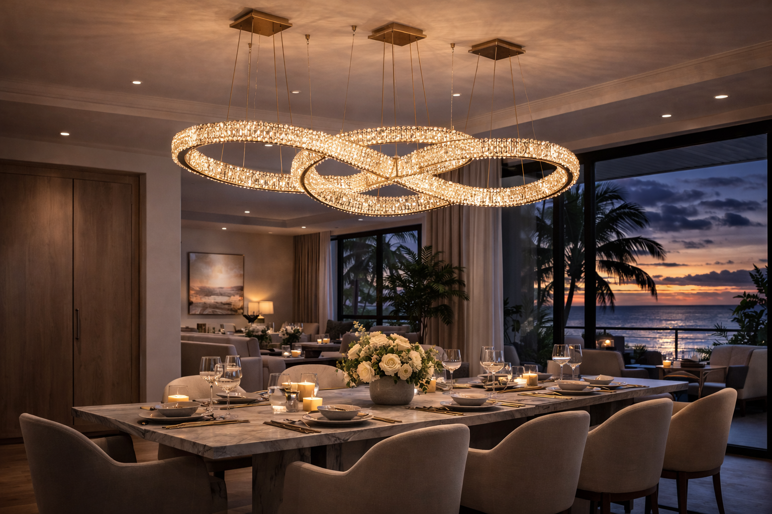 Elegant dining room set for a dinner, with a large marble table, white chairs, a flower centerpiece, candles, and glassware. A modern chandelier hangs above, and large windows show a sunset view of the ocean and palm trees.