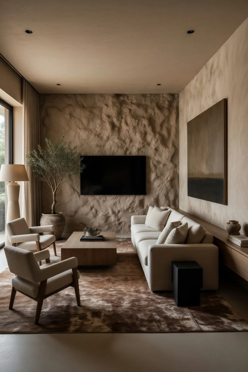 Modern living room with textured beige wall, white sofa, two beige armchairs, a wooden coffee table, large potted plant, flat-screen TV on the wall, window with beige curtains, framed artwork, and a dark rug.