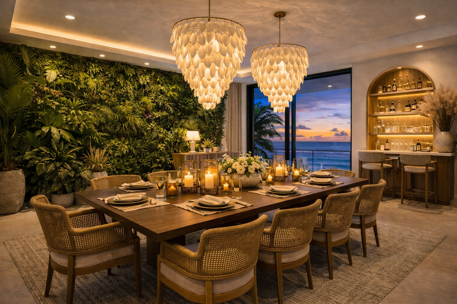 Interior of a dining room with a wooden table set for dinner, surrounded by eight woven chairs, decorated with candles and floral centerpieces. There is a large green indoor plant wall on the left and a bar with shelves on the right, with a view of t