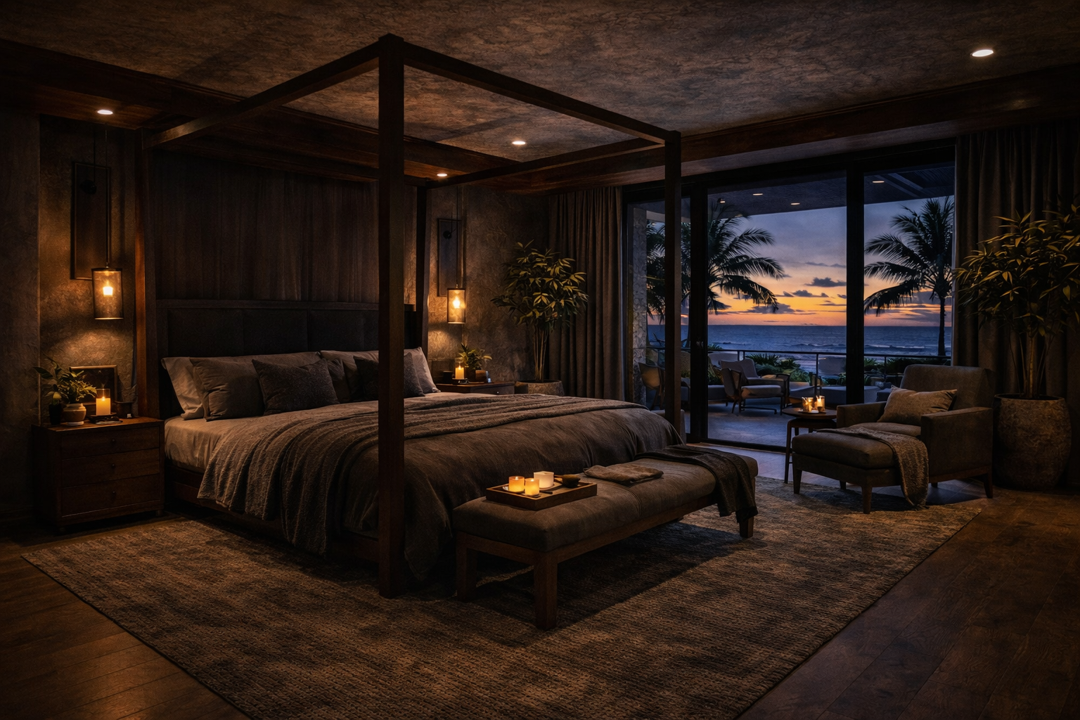 A bedroom with a large four-poster bed, nightstands with candles, and a sitting area with chairs near a sliding glass door that opens to a balcony overlooking the ocean at sunset, with palm trees in view.