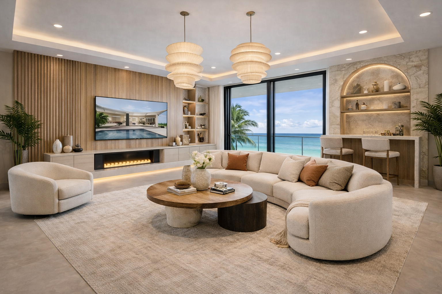 Luxurious living room with ocean view, beige curved sofa, round wooden coffee table, large window, decorative shelves, potted plants, and modern lighting.
