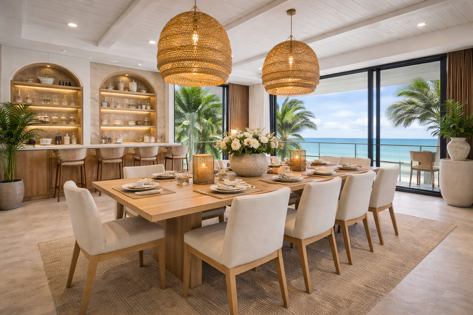 Elegant dining area with a large wooden table set for a meal, white upholstered chairs, a large floral centerpiece, wicker pendant lights, and a view of palm trees and the ocean through large glass windows.
