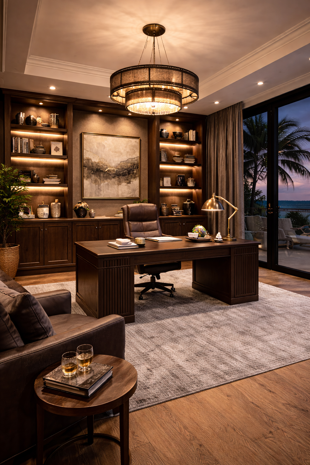 Elegant office with wooden desk, leather chair, built-in bookshelves, large window showing palm trees and ocean, modern pendant chandelier, and decor with books and vases.