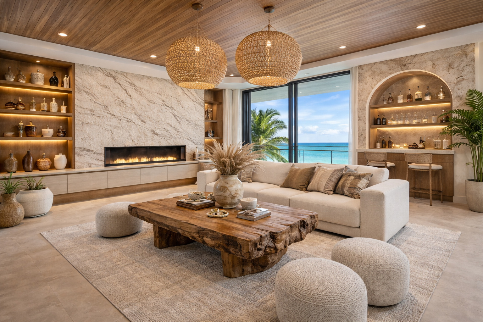 Living room with a view of the ocean, featuring a white sectional sofa, round ottomans, a rustic wood coffee table, built-in shelves with decorative items, a fireplace, large sliding glass doors, and wooden ceiling and wall accents.