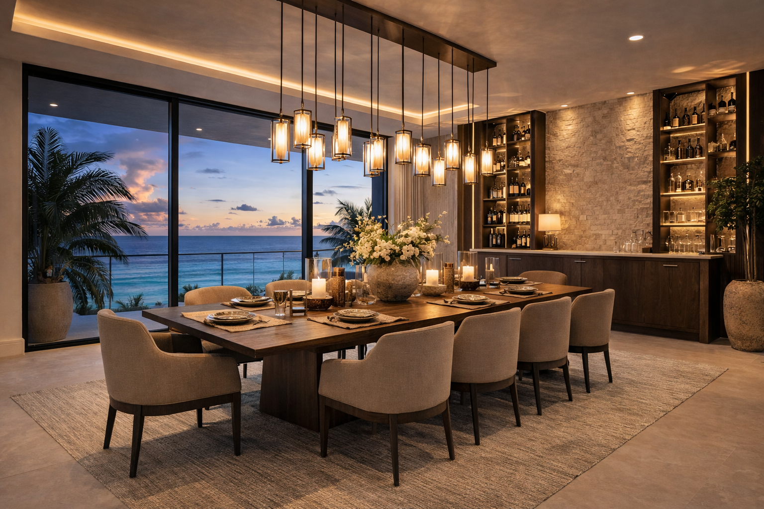 Elegant dining room with a large wooden table set for a meal, surrounded by beige chairs, with a ocean view through large glass sliding doors, and warm ambient lighting from hanging pendant lights and candles.