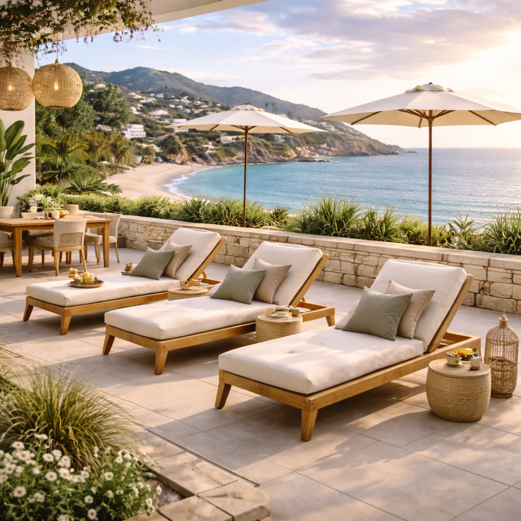 Beachside patio with three lounge chairs, umbrellas, potted plants, dining table, chairs, and decorative lanterns, overlooking a scenic ocean and hillside landscape.