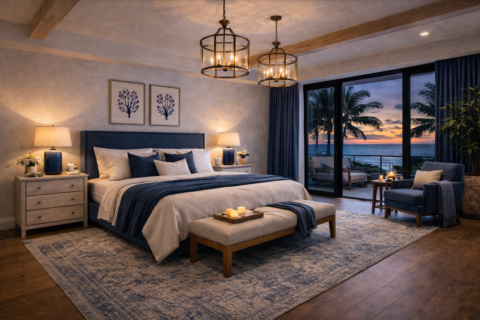 A cozy bedroom with a large bed, navy blue and white bedding, and matching pillows. Two nightstands with lamps and decor sit beside the bed. A bench with candles is at the foot of the bed. A sliding glass door opens to a balcony with outdoor seating,