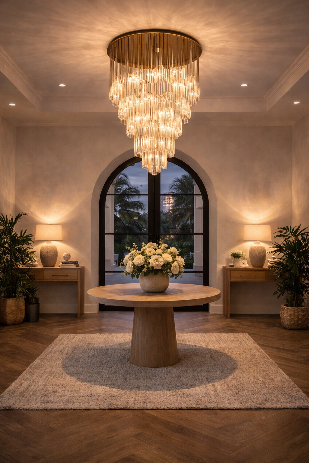 Elegant living room with a large chandelier hanging above a round wooden table with a flower arrangement, two side tables with lamps, potted plants, and a large arched window showing palm trees outside.