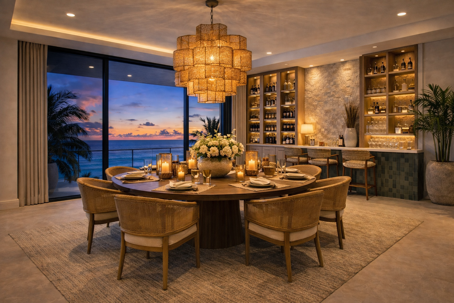 Elegant dining room with a large round table set for a meal, surrounded by wicker chairs, with candles and a flower centerpiece, overlooking an ocean view sunset through large sliding glass doors, and a bar area with shelves of bottles and glassware.