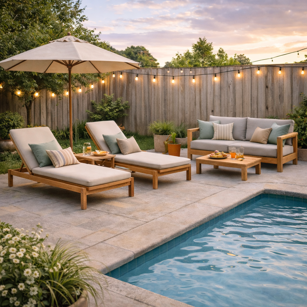 A backyard patio with a swimming pool, lounge chairs with pillows, a sofa with cushions, and a wooden table with food and drinks, illuminated by string lights and a sunset sky in the background.