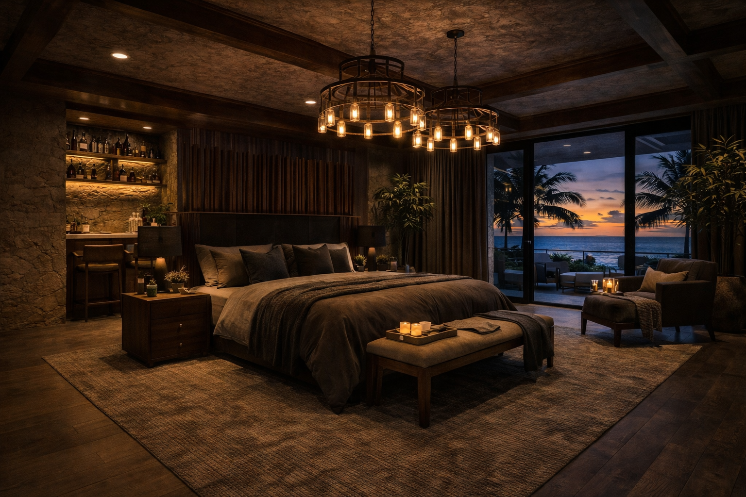 A cozy bedroom with a large bed adorned with dark pillows and bedding, lit by warm bedside lamps and a chandelier. Large sliding glass doors open to a patio overlooking a beach and sunset with palm trees.