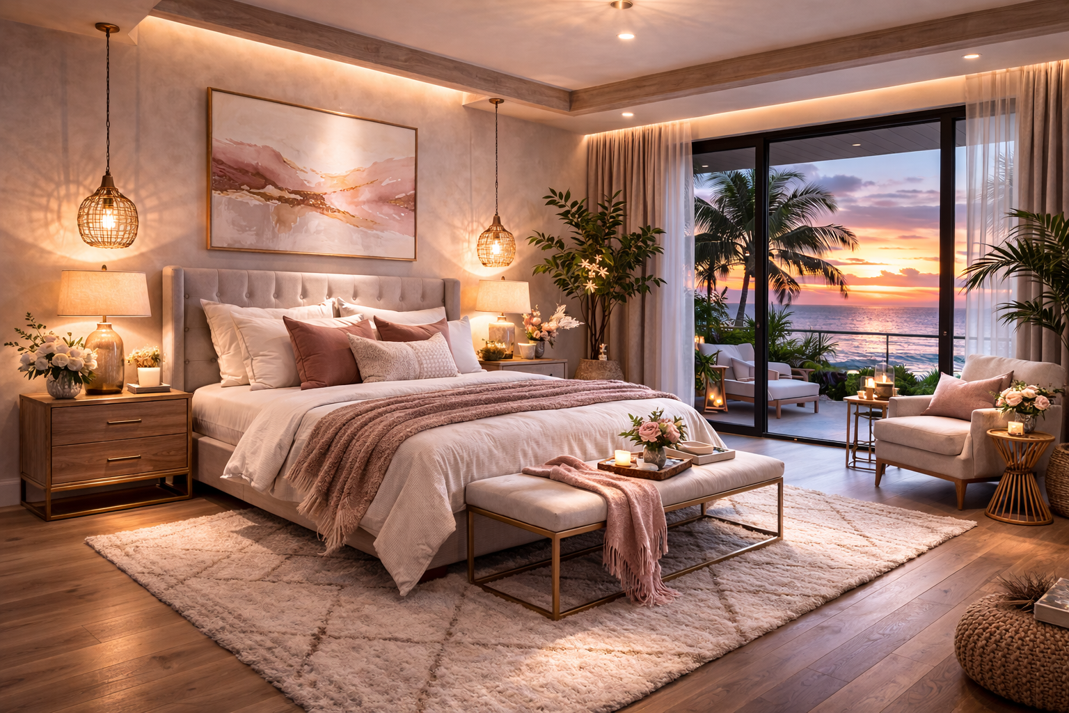 A cozy bedroom with a large bed, side tables with lamps, a bench at the foot of the bed with a blanket and flowers, a fluffy white rug, and a sitting area outside on a balcony with a view of the sunset over the ocean, palm trees, and decorative plant