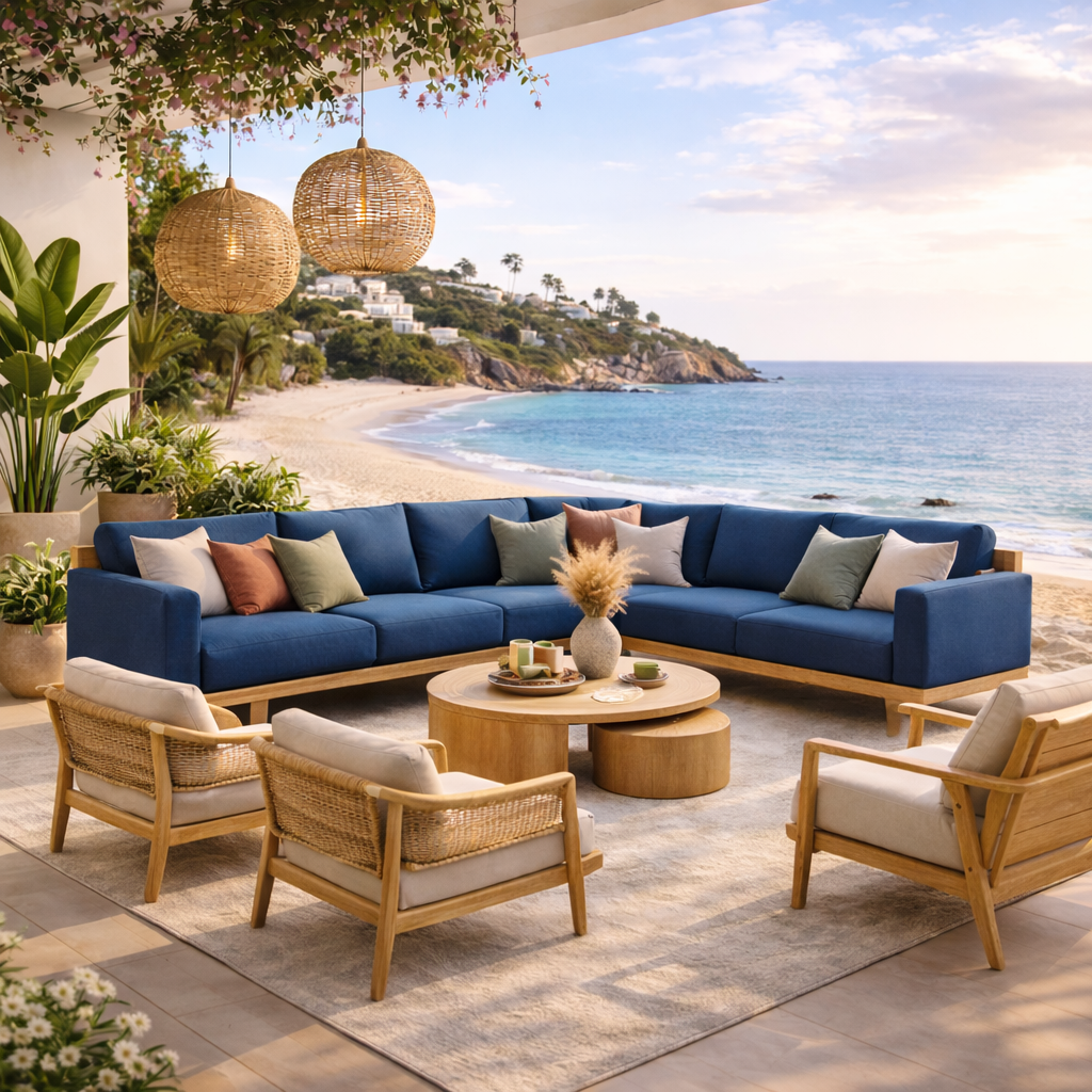 Cozy outdoor living space with a view of the beach and ocean, featuring a large blue sectional sofa, four wooden armchairs with cushions, a round wooden coffee table with decor, and hanging wicker lamps.