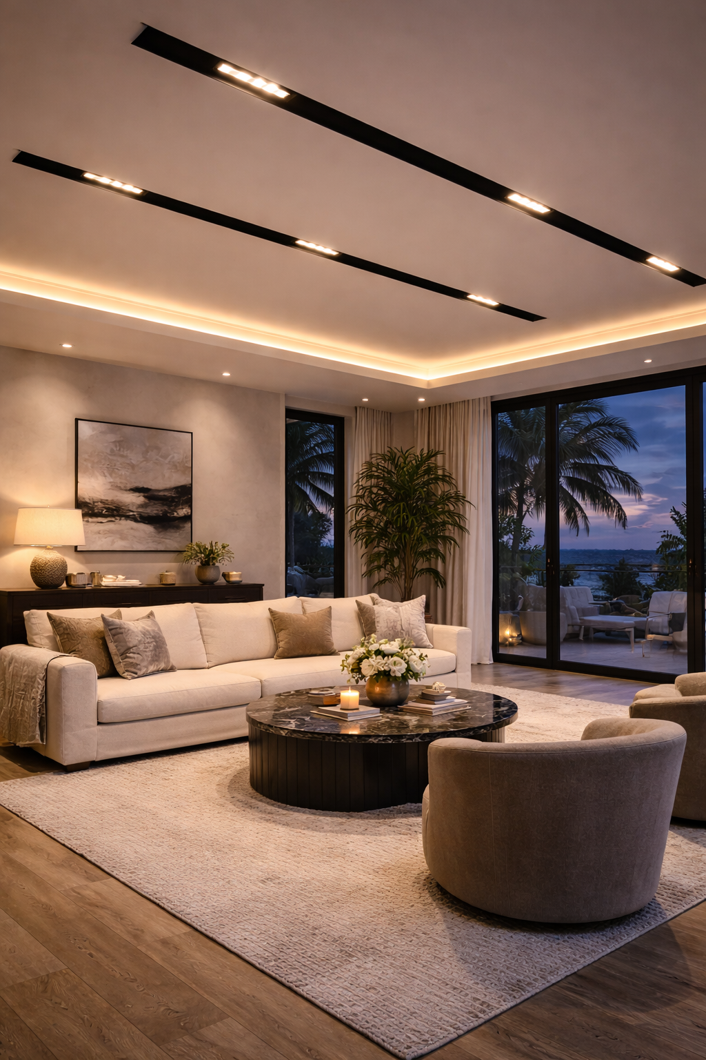 Living room with beige sofa, armchairs, round marble coffee table, large window with curtains, palm trees outside, dim lighting, and decorative items.