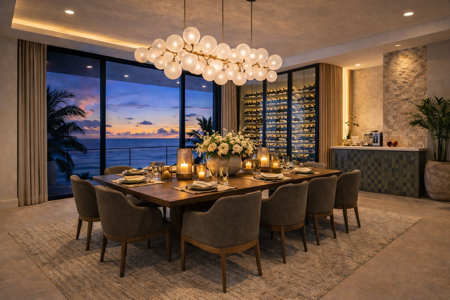 A dining room with a large wooden table set with plates, glasses, and candles, overlooking an ocean view at sunset through large windows. The room features a modern chandelier, a wine rack, and decorative plants.