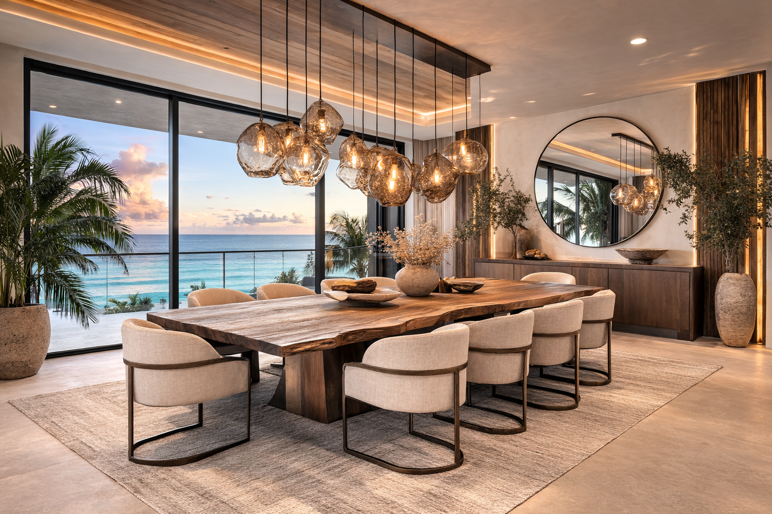 Modern dining room with a large wooden table, eight beige upholstered chairs, pendant lighting, large window with ocean view, potted plants, round mirror, and decorative vases.