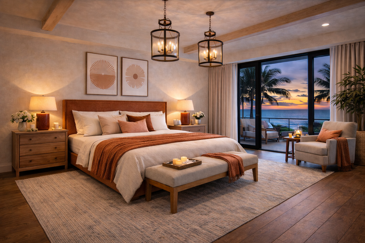 A cozy bedroom with a large bed, wooden furniture, and a balcony overlooking a sunset at the beach with palm trees.